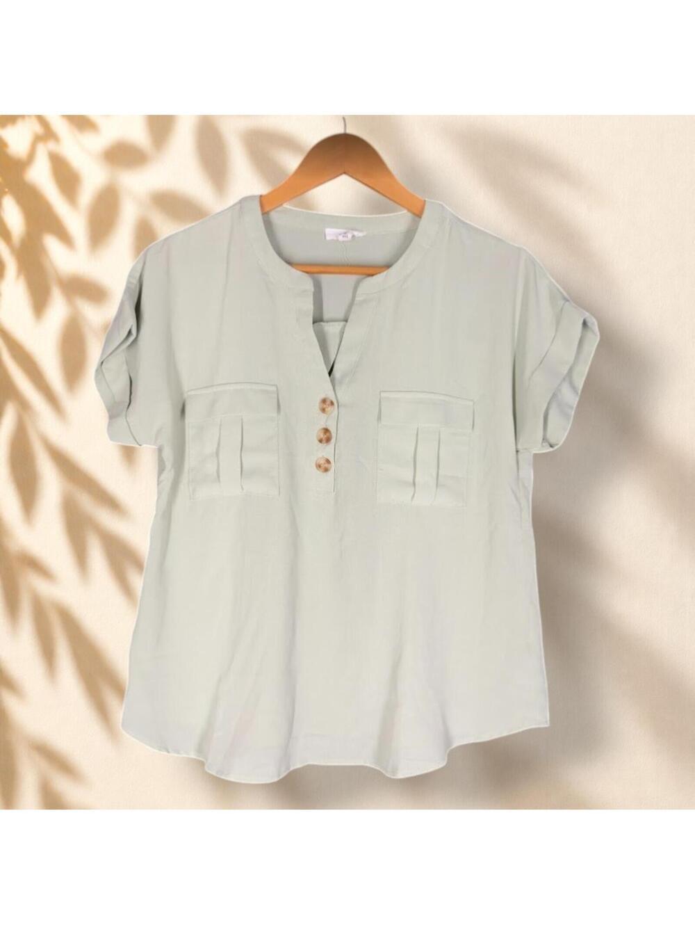 Mine Blouse Women M Medium Gray V-Neck Button Short Sleeve Pockets Casual